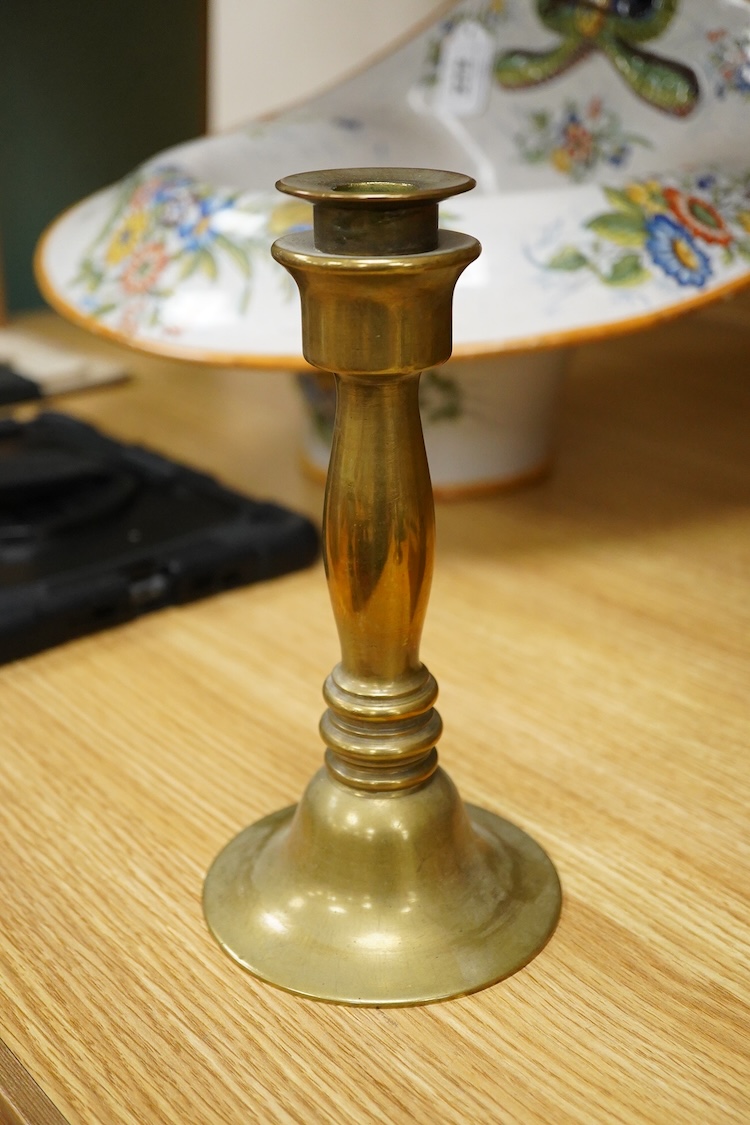 A pair of brass candlesticks and a gilt metal two branch gilt candelabrum, 45cm high